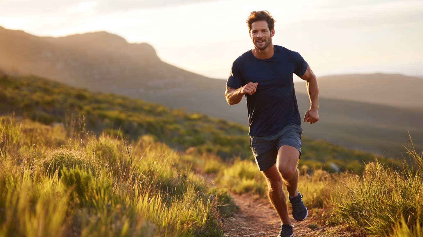 A man in his mid thirties with short dark hair and light stubble, in a navy t-shirt and gray shorts, runs up a dirt trail through grassy hills at sunset, smiling.