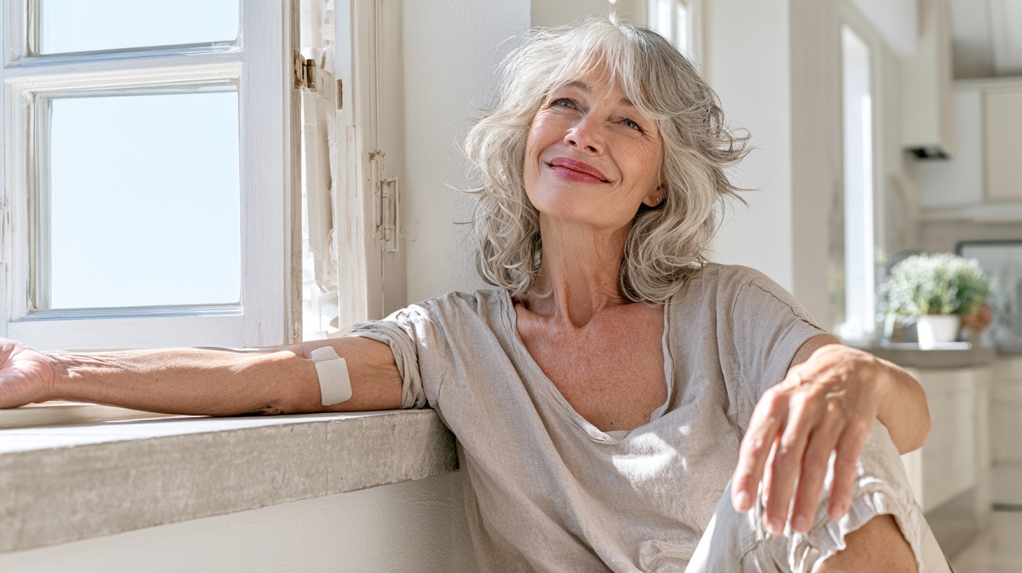 A smiling gray-haired woman in her fifties sits by a sunny kitchen window, her arm resting on the sill with a square of gauze taped near the inside of her elbow after a blood draw.