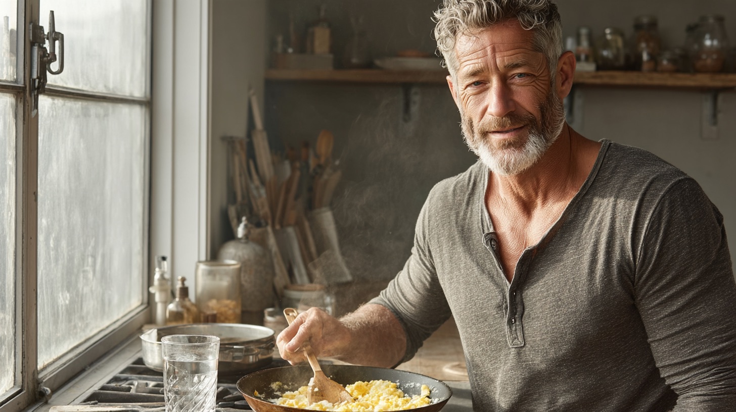 Un hombre de unos cincuenta años con camiseta gris de manga larga cocina huevos en la estufa de su cocina con luz de la mañana, con un vaso de agua junto a la sartén