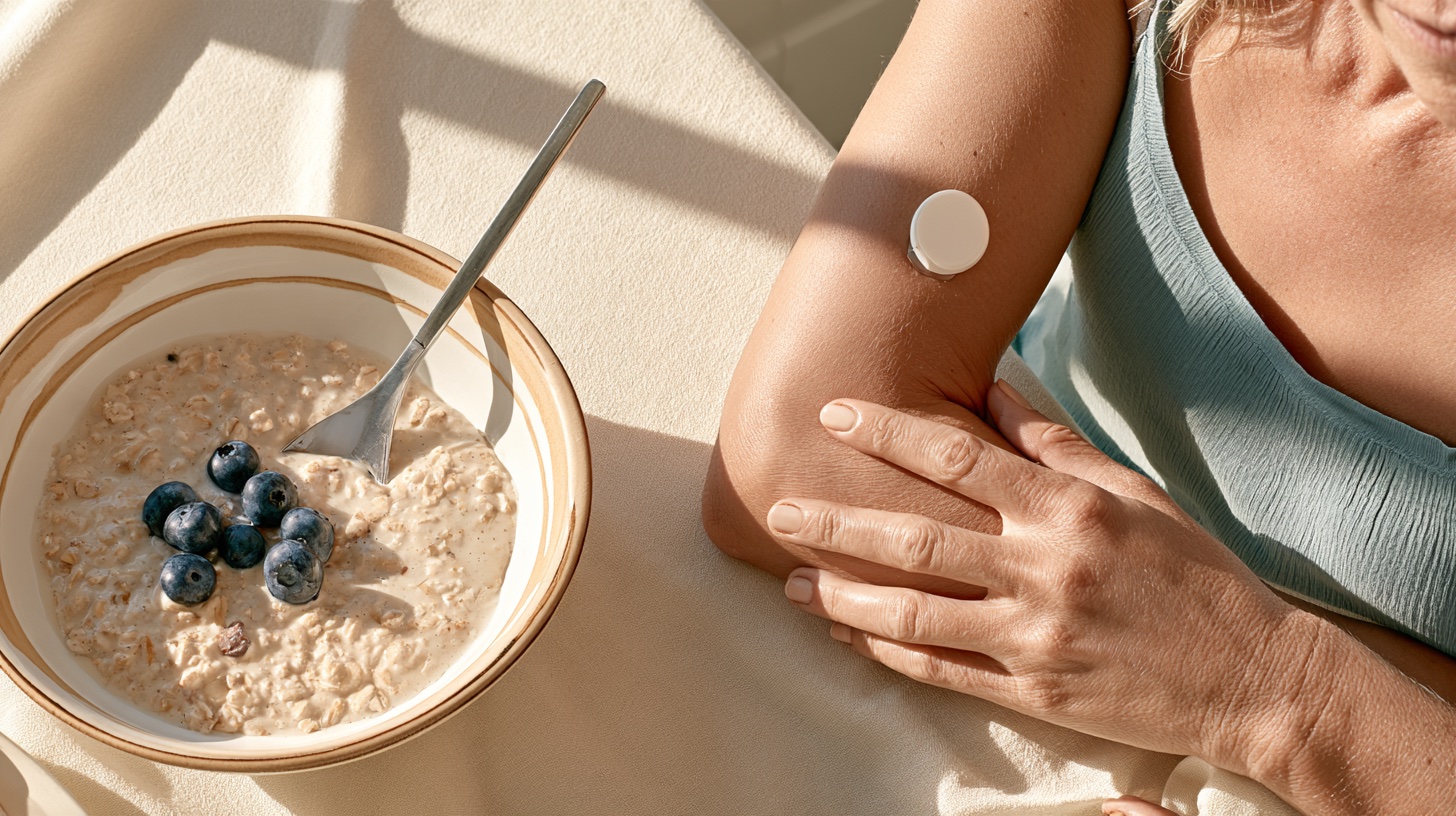 A bowl of oatmeal with blueberries next to a woman wearing a glucose sensor on the back of her upper arm.