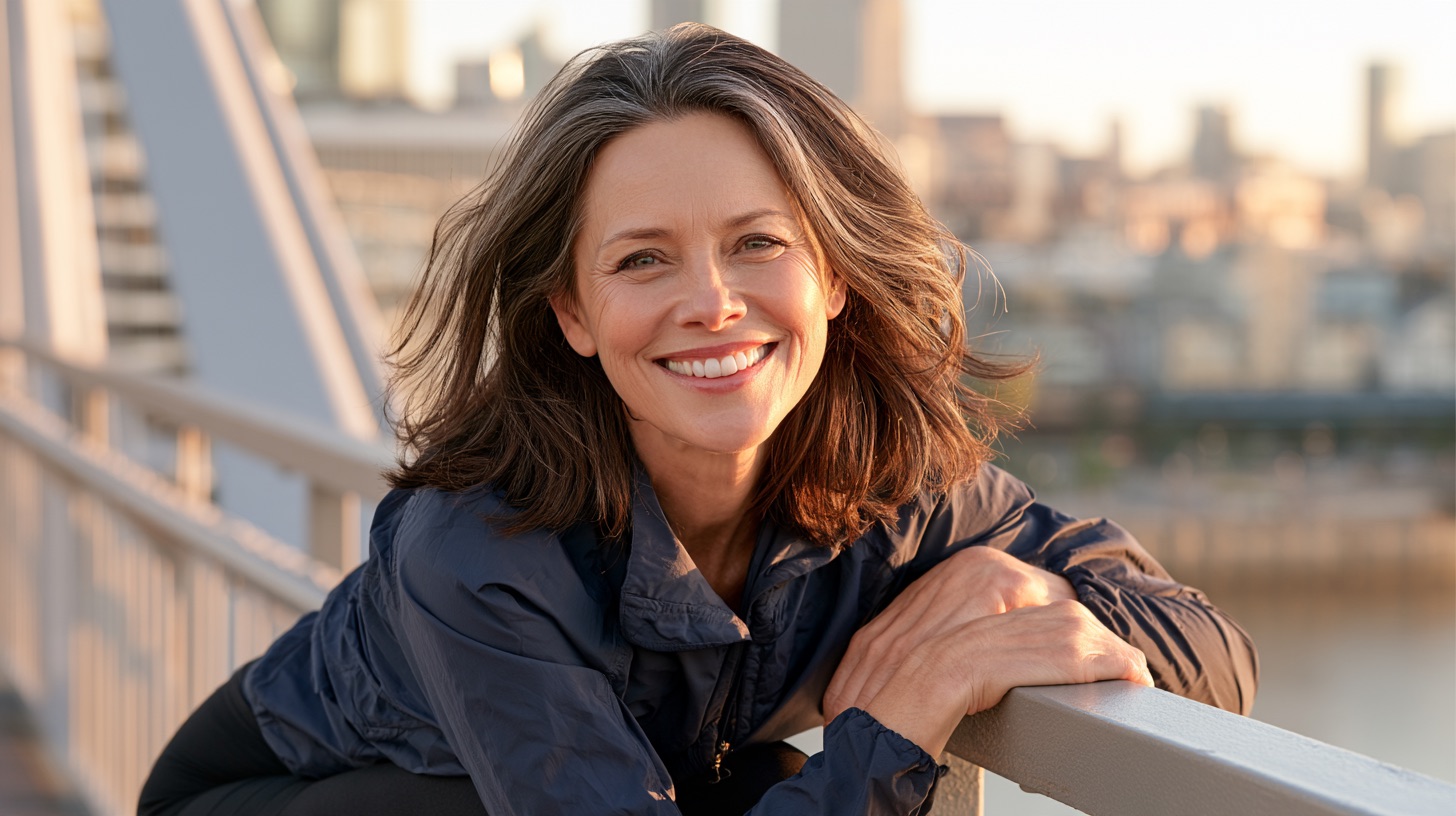 A woman about fifty with shoulder-length dark hair streaked with gray, in a navy running jacket, stands on a city footbridge in the early morning, smiling and catching her breath after a run.