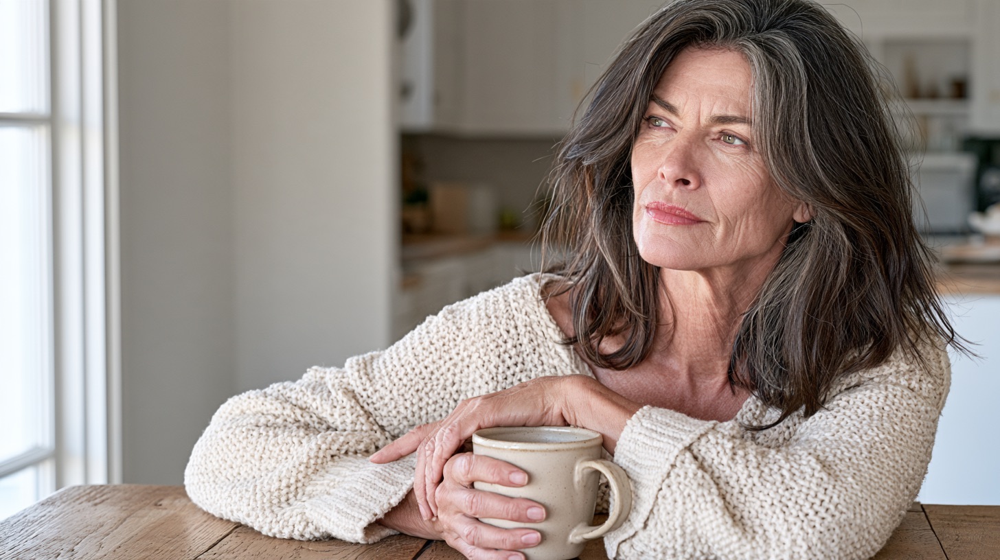 A woman of about 50 with shoulder-length dark brown hair with gray streaks, in a cream sweater, sits at a kitchen table in early morning light with a mug of tea, looking out the window