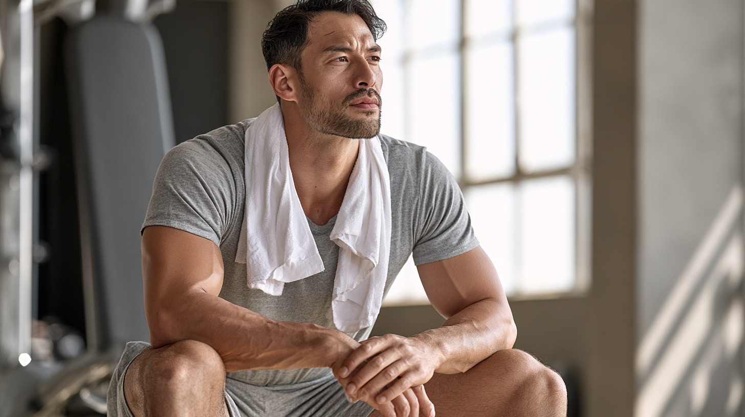 A man in his mid-30s with short dark hair and a light beard sitting on a gym bench with a towel around his neck, resting and looking to the side