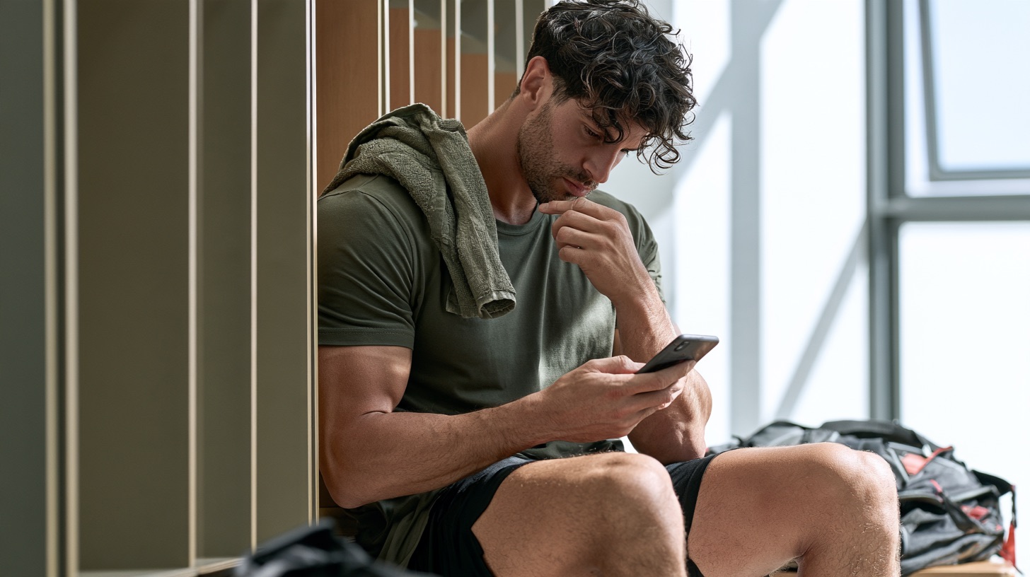 A man in his mid 20s in a green t-shirt sits on a gym locker room bench with a towel over his shoulder, looking at his phone with his hand on his chin