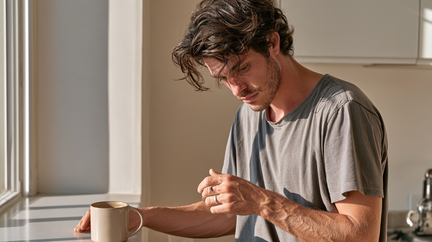 Un hombre de unos 25 años, de cabello oscuro ondulado, de pie junto a la encimera de la cocina con la luz de la mañana y una taza de café, mirando el anillo de sueño que lleva en el dedo