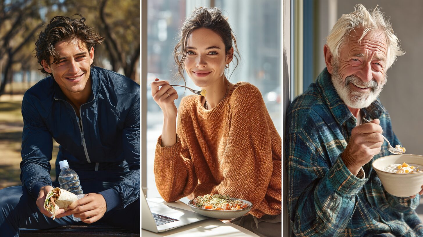 Tres personas comiendo platos altos en proteína en tres lugares: un joven con chaqueta deportiva azul marino en la banca de un parque después de correr, con un wrap de pollo y una botella de agua; una joven con suéter naranja en un café soleado de la ciudad, con un bowl de salmón y quinoa; y un hombre de barba blanca, de casi ochenta años, con camisa de franela a cuadros en su porche, con requesón y duraznos.