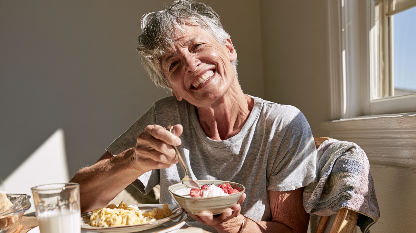 A smiling gray-haired woman in her sixties in a t-shirt sits at a sunny kitchen table, holding a bowl of Greek yogurt with berries, with a plate of scrambled eggs and a glass of milk in front of her and a towel on the chair beside her.