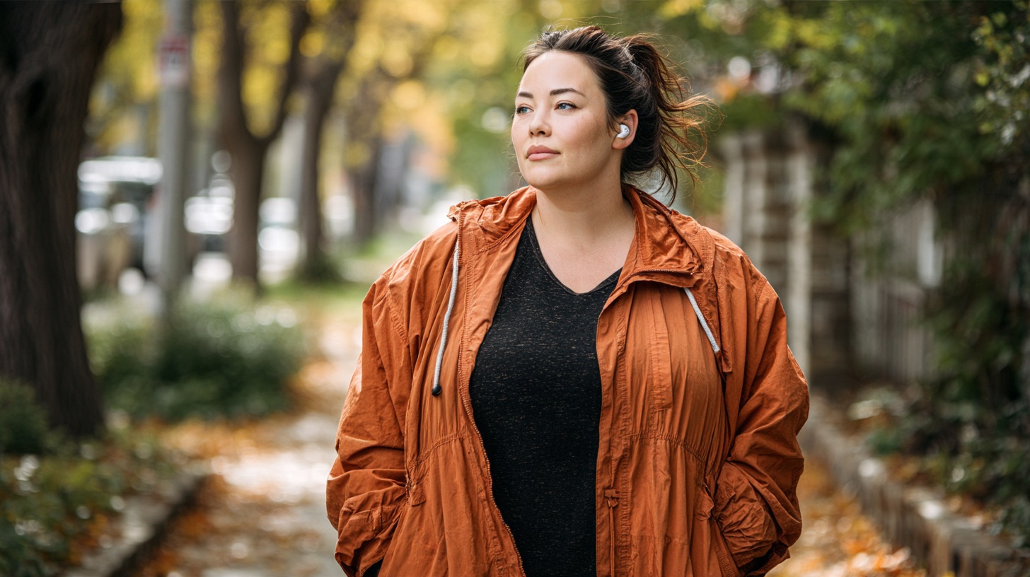 Una mujer con chaqueta impermeable color óxido camina por una acera arbolada en una mañana de otoño, escuchando con un audífono inalámbrico