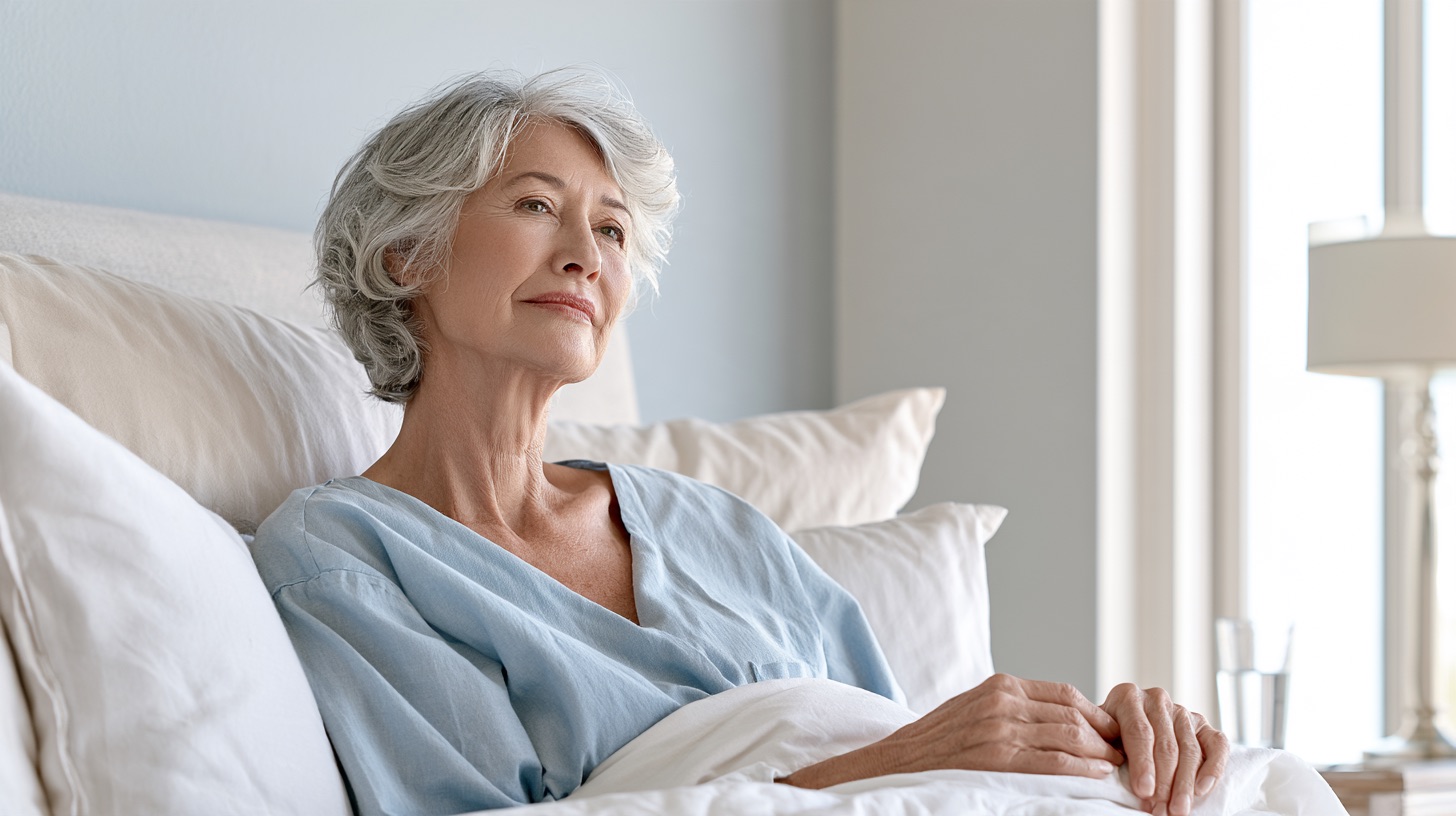 Una mujer de unos 65 años, de cabello gris corto, sentada en la cama con la luz de la mañana, despierta y mirando hacia la ventana