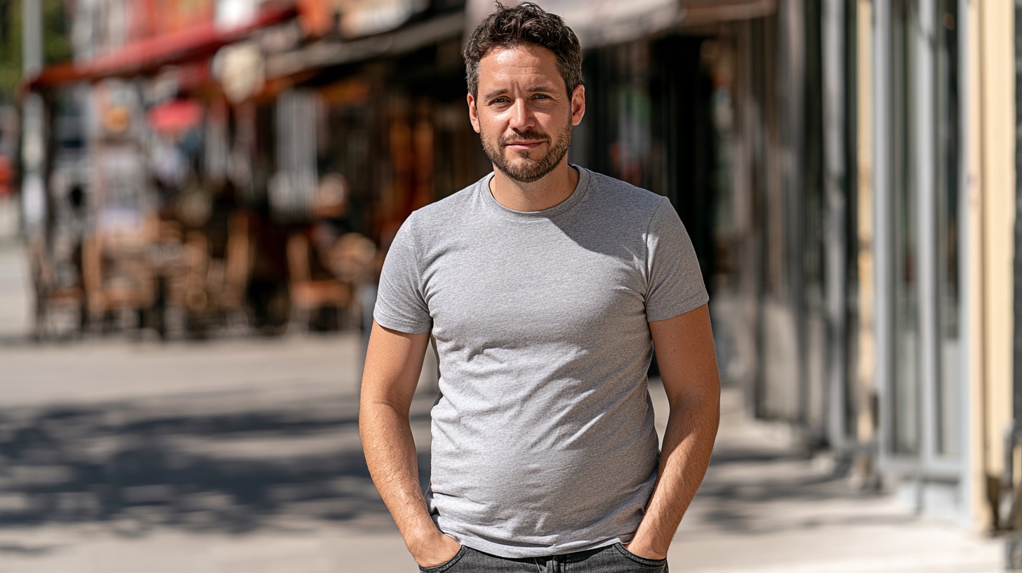 A man in his mid 30s with short dark hair and a light beard, in a gray t-shirt that shows a soft belly, stands on a sunny city sidewalk with his hands in his jeans pockets