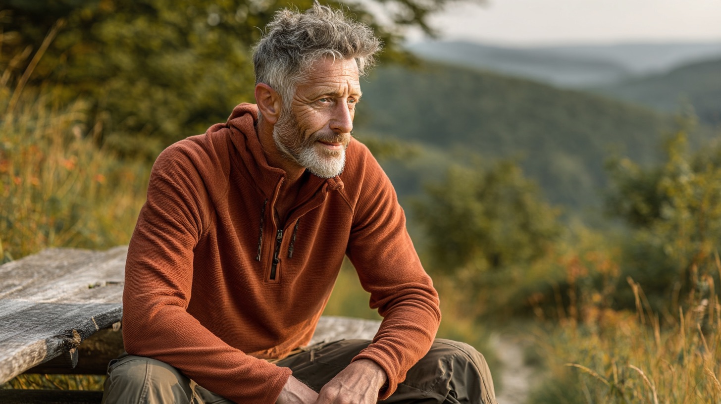Un hombre de unos cincuenta años, con el pelo canoso y barba corta gris, con una sudadera con capucha color óxido y pantalones de senderismo, sentado en una banca de madera gastada junto a un sendero con las manos juntas, con colinas boscosas detrás a la luz de la tarde.