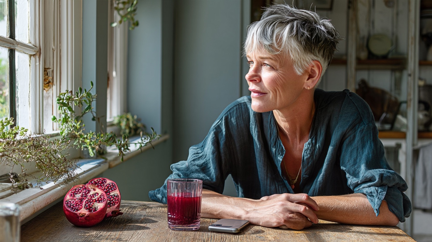 Una mujer de unos sesenta y cinco años con el pelo corto y gris, con una camisa de lino verde azulado, sentada en una mesa de cocina de madera soleada con las manos juntas, con un vaso de jugo de granada, media granada y un teléfono delante, mirando por la ventana.